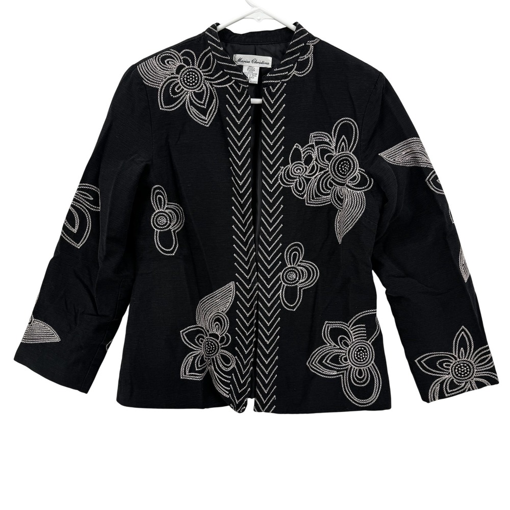 Marisa Christina Jacket Womens Small Black Silk Floral Embroidered Dressy Blazer